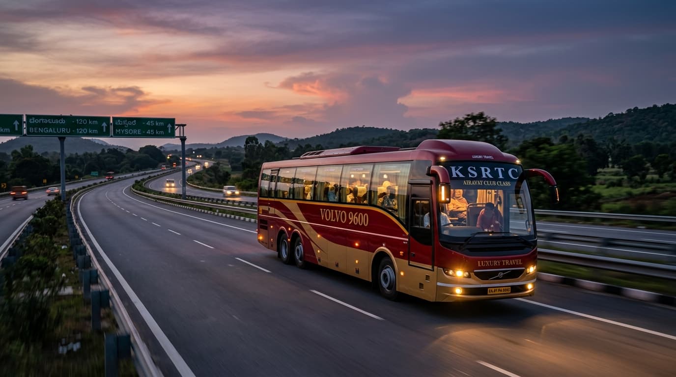 Premium Volvo 9600 multi-axle luxury coach cruising on open highway at dusk