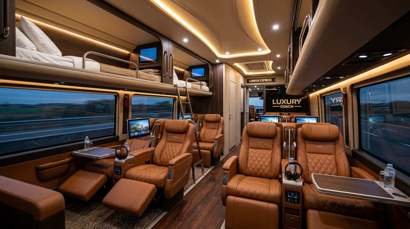 Ultra-luxury executive sleeper coach interior with recliner berths